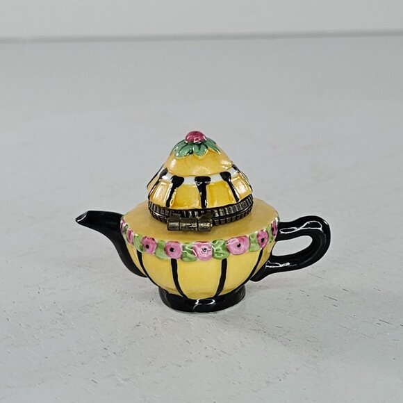 Mary Engelbreit Mini Yellow Teapot Shaped Trinket Box Floral Hinged Lid Enesco - Picture 3 of 8